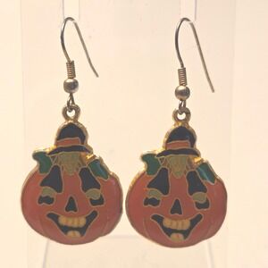 Vintage Halloween Pumpkin Witch French Hook Earrings Enamel Orange Black